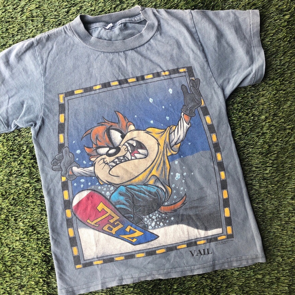 Vintage Gray Kids Tee with Taz Snowboard Graphic - Blue, Yellow, Red